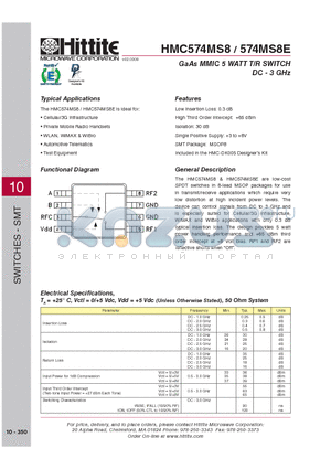 HMC574MS8 datasheet - GaAs MMIC 5 WATT T/R SWITCH DC - 3 GHz