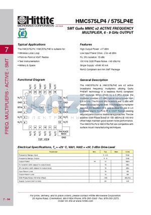 HMC575LP4 datasheet - SMT GaAs MMIC x2 ACTIVE FREQUENCY MULTIPLIER, 6 - 9 GHz OUTPUT