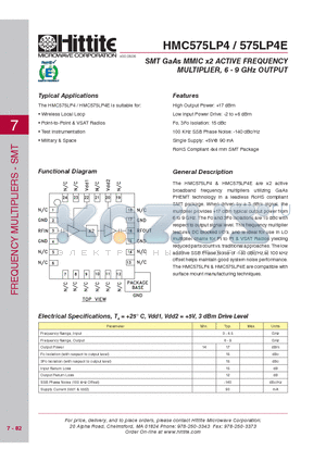 HMC575LP4E datasheet - SMT GaAs MMIC x2 ACTIVE FREQUENCY MULTIPLIER, 6 - 9 GHz OUTPUT