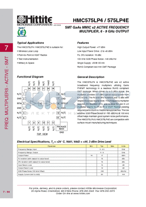 HMC575LP4E datasheet - SMT GaAs MMIC x2 ACTIVE FREQUENCY MULTIPLIER, 6 - 9 GHz OUTPUT
