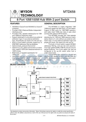 MTD658 datasheet - 8 Port 10M/100M Hub With 2 port Switch