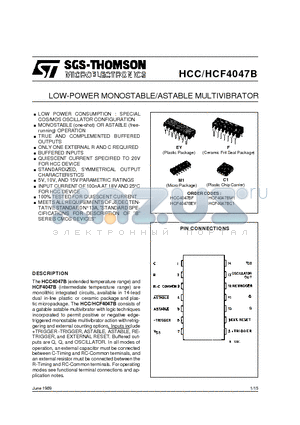 HCF4047B datasheet - LOW-POWELOW-POWER MONOSTABLE/ASTABLE MULTIVIBRATOR