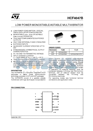 HCF4047B datasheet - LOW POWER MONOSTABLE/ASTABLE MULTIVIBRATOR