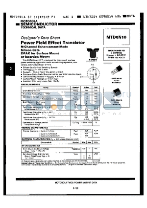 MTD6N10 datasheet - POWER FIELD EFFECT TRANSISTOR, N-CHANNEL ENHANCEMENT-MODE SILICON GATE, DPAK FOR SURFACE MOUNT OR INSERTION MOUNT