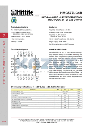 HMC577LC4B datasheet - SMT GaAs MMIC x2 ACTIVE FREQUENCY MULTIPLIER, 27 - 31 GHz OUTPUT