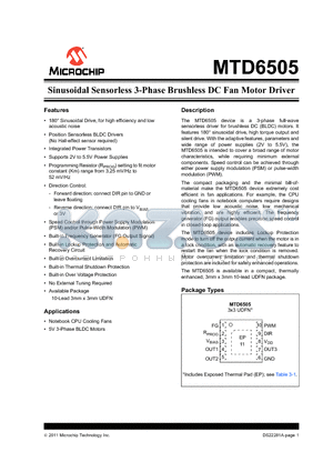 MTD6505 datasheet - Sinusoidal Sensorless 3-Phase Brushless DC Fan Motor Driver