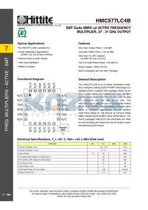 HMC577LC4B datasheet - SMT GaAs MMIC x2 ACTIVE FREQUENCY MULTIPLIER, 27 - 31 GHz OUTPUT