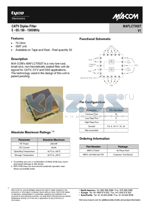 MAFL-007988-0027TB datasheet - CATV Diplex Filter 5 - 65 / 88 - 1000MHz