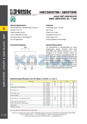 HMC580ST89 datasheet - InGaP HBT GAIN BLOCK MMIC AMPLIFIER, DC - 1 GHz