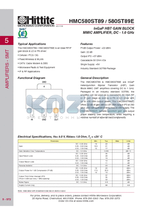 HMC580ST89E datasheet - InGaP HBT GAIN BLOCK MMIC AMPLIFIER, DC - 1.0 GHz