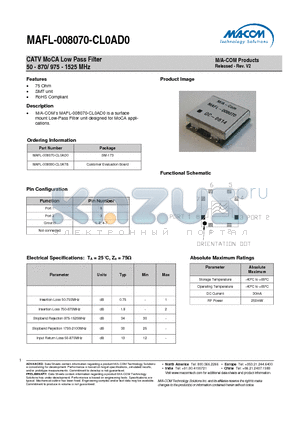MAFL-008070-CL0AD0 datasheet - CATV MoCA Low Pass Filter 50 - 870/ 975 - 1525 MHz