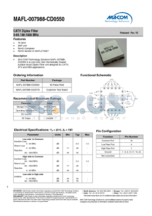 MAFL-007988-CD05TB datasheet - CATV Diplex Filter 5-65 / 88-1000 MHz