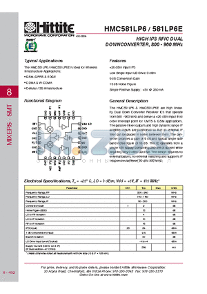 HMC581LP6 datasheet - HIGH IP3 RFIC DUAL DOWNCONVERTER, 800 - 960 MHz