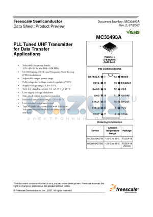 MC3493ADTBE datasheet - PLL Tuned UHF Transmitter for Data Transfer Applications