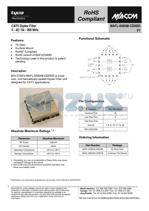 MAFL-008098-CD05TB datasheet - CATV Diplex Filter 5 - 42 / 54 - 900 MHz