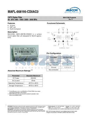 MAFL-008195-CD0AC0 datasheet - CATV Diplex Filter 50 - 870 / 950 - 1550 / 2000 - 3000 MHz