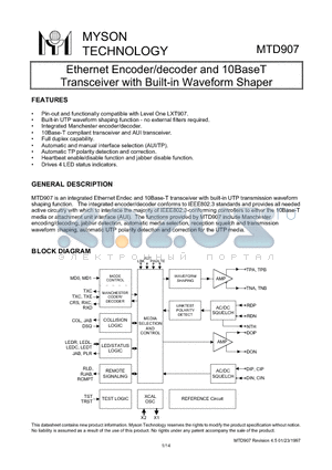 MTD907 datasheet - Ethernet Encoder/decoder and 10BaseT Transceiver with Built-in Waveform Shaper