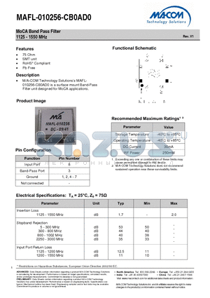 MAFL-010256-CB0ATB datasheet - MoCA Band Pass Filter