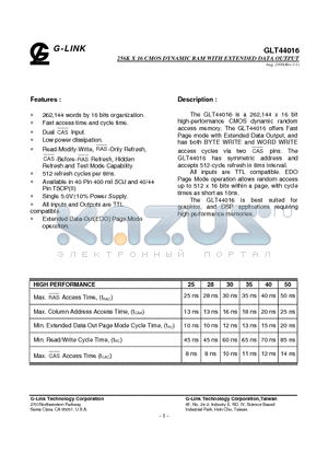 GLT44016-40TC datasheet - 256K X 16 CMOS DYNAMIC RAM WITH EXTENDED DATA OUTPUT