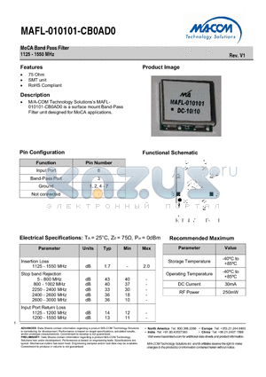 MAFL-010101-CB0ATB datasheet - MoCA Band Pass Filter