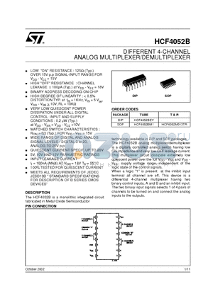 HCF4052BM1 datasheet - DIFFERENT 4-CHANNEL ANALOG MULTIPLEXER/DEMULTIPLEXER