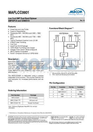 MAFLCC0001-TB datasheet - Low Cost SMT Dual Band Diplexer AMPS/PCS and GSM/DCS