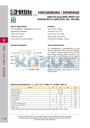 HMC585MS8GE datasheet - HIGH IP3 GaAs MMIC MIXER with INTEGRATED LO AMPLIFIER, 400 - 650 MHz