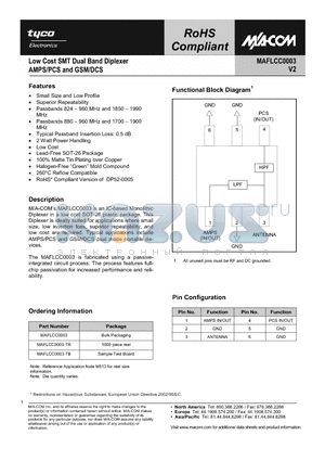 MAFLCC0003-TB datasheet - Low Cost SMT Dual Band Diplexer AMPS/PCS and GSM/DCS