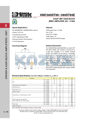 HMC589ST89 datasheet - InGaP HBT GAIN BLOCK MMIC AMPLIFIER, DC - 4 GHz