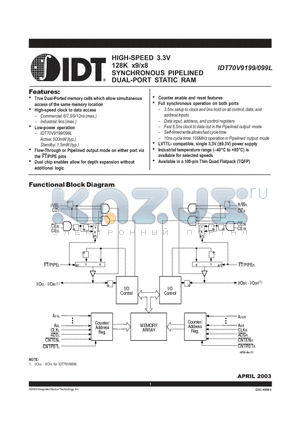 IDT70V9099L12PFI datasheet - HIGH-SPEED 3.3V 128K x9/x8 SYNCHRONOUS PIPELINED DUAL-PORT STATIC RAM