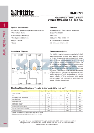 HMC591 datasheet - GaAs PHEMT MMIC 2 WATT POWER AMPLIFIER, 6.0 - 10.0 GHz