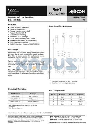 MAFLCC0006-TR datasheet - Low Cost SMT Low Pass Filter DC - 1000 MHz