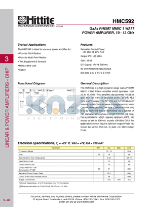 HMC592 datasheet - GaAs PHEMT MMIC 1 WATT POWER AMPLIFIER, 10 - 13 GHz