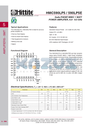 HMC590LP5E datasheet - GaAs PHEMT MMIC 1 WATT POWER AMPLIFIER, 6.0 - 9.5 GHz