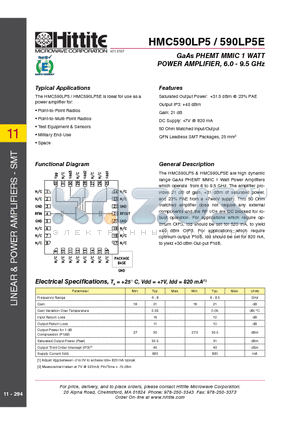 HMC590LP5E datasheet - GaAs PHEMT MMIC 1 WATT POWER AMPLIFIER, 6.0 - 9.5 GHz