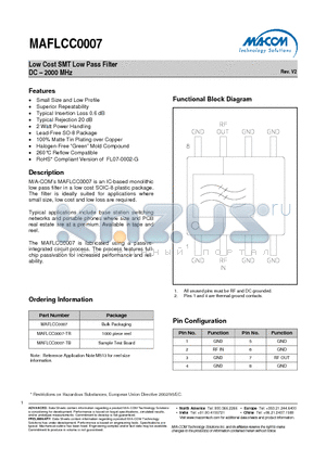 MAFLCC0007-TR datasheet - Low Cost SMT Low Pass Filter DC -2000 MHz