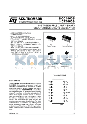 HCF4060B datasheet - COUNTER/DIVIDER AND OSCILLATOR 14-STAGE RIPPLE CARRY BINARY