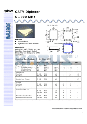 MAFLES0083 datasheet - CATV Diplexer 5 - 900 MHz