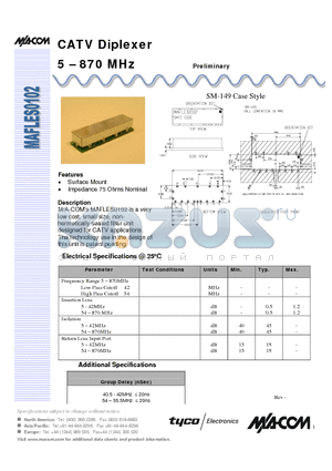 MAFLES0102 datasheet - CATV Diplexer 5 - 870 MHz