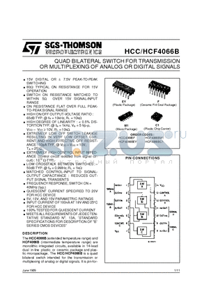 HCF4066B datasheet - OR MULTIPLEXING OF ANALOG OR DIGITAL SIGNALS QUAD BILATERAL SWITCH FOR TRANSMISSION