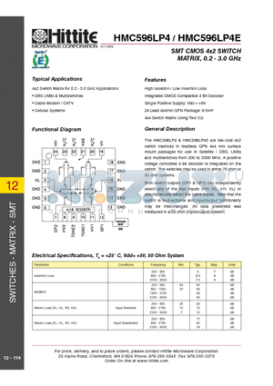 HMC596LP4E datasheet - SMT CMOS 4x2 SWITCH MATRIX, 0.2 - 3.0 GHz