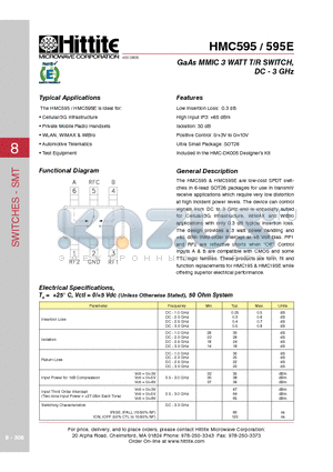 HMC595 datasheet - GaAs MMIC 3 WATT T/R SWITCH, DC - 3 GHz