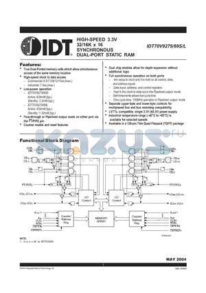 IDT70V9269L6PRF datasheet - HIGH-SPEED 3.3V 32K x 16 SYNCHRONOUS DUAL-PORT STATIC RAM