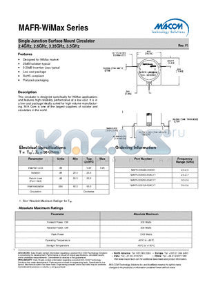 MAFR-000159-5S4C1T datasheet - Single Junction Surface Mount Circulator 2.4GHz, 2.6GHz, 3.35GHz, 3.5GHz