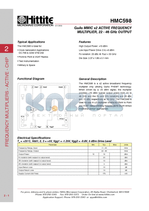 HMC598 datasheet - GaAs MMIC x2 ACTIVE FREQUENCY MULTIPLIER, 22 - 46 GHz OUTPUT