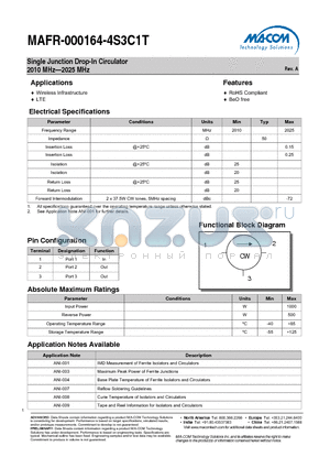 MAFR-000164-4S3C1T datasheet - Single Junction Drop-In Circulator 2010 MHz-2025 MHz