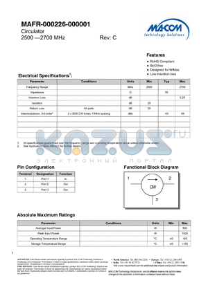 MAFR-000226-000001 datasheet - Circulator 2500 - 2700 MHz