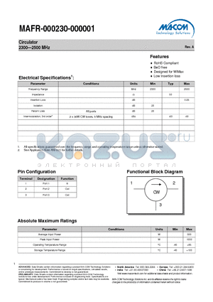 MAFR-000230-000001 datasheet - Circulator 2300-2500 MHz