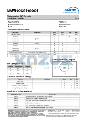 MAFR-000291-000001 datasheet - Single Junction SMT Circulator 2010 MHz-2025 MHz