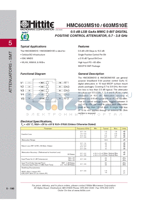 HMC603MS10_08 datasheet - 0.5 dB LSB GaAs MMIC 5-BIT DIGITAL POSITIVE CONTROL ATTENUATOR, 0.7 - 3.8 GHz